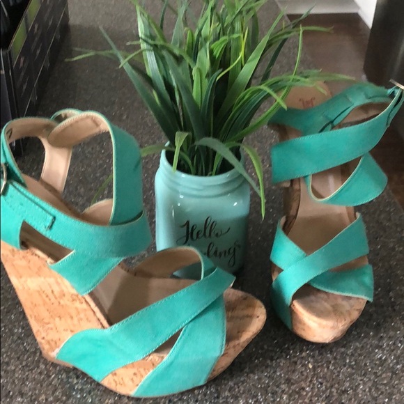 Shoes - Teal blue-green cork platform wedges
